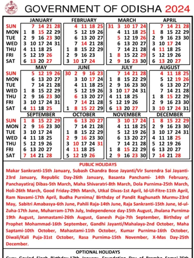 Odisha Govt Calendar 2024 pdf Download Free